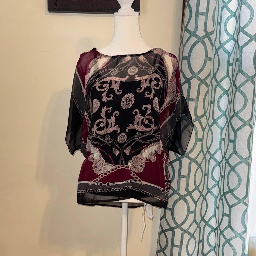AGB Women's Sheer Blouse/ black tank - Black and Burgundy